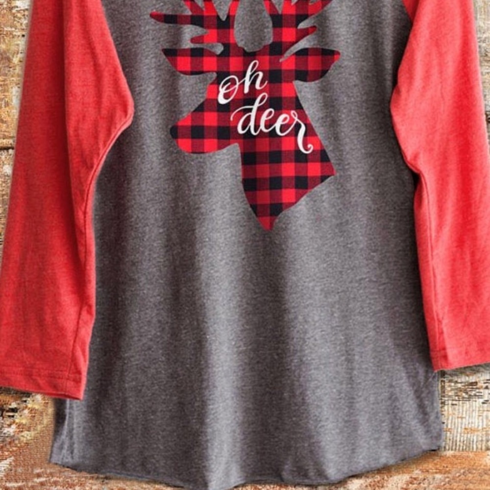 Oh deer buffalo plaid 3/4 sleeve baseball top - Picture 2 of 3